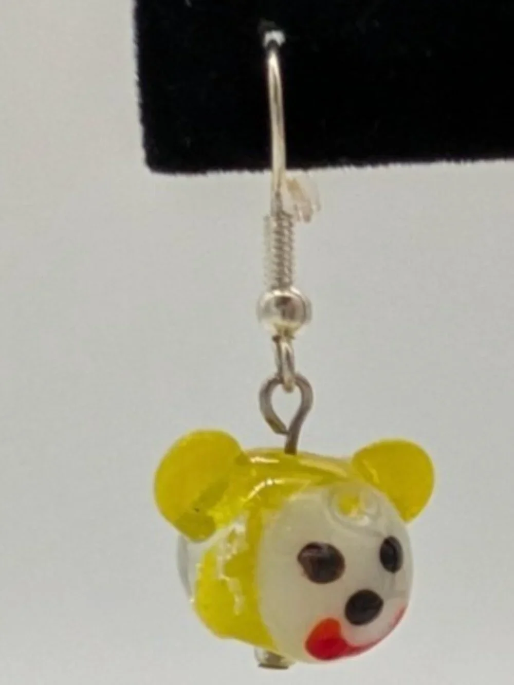 funky glow in the dark art glass beads monkey face dangle earrings yellow clown